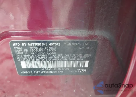 2017 Mitsubishi Mirage Es z USA, uszkodzony, nr VIN ML32A3HJ3HH020201